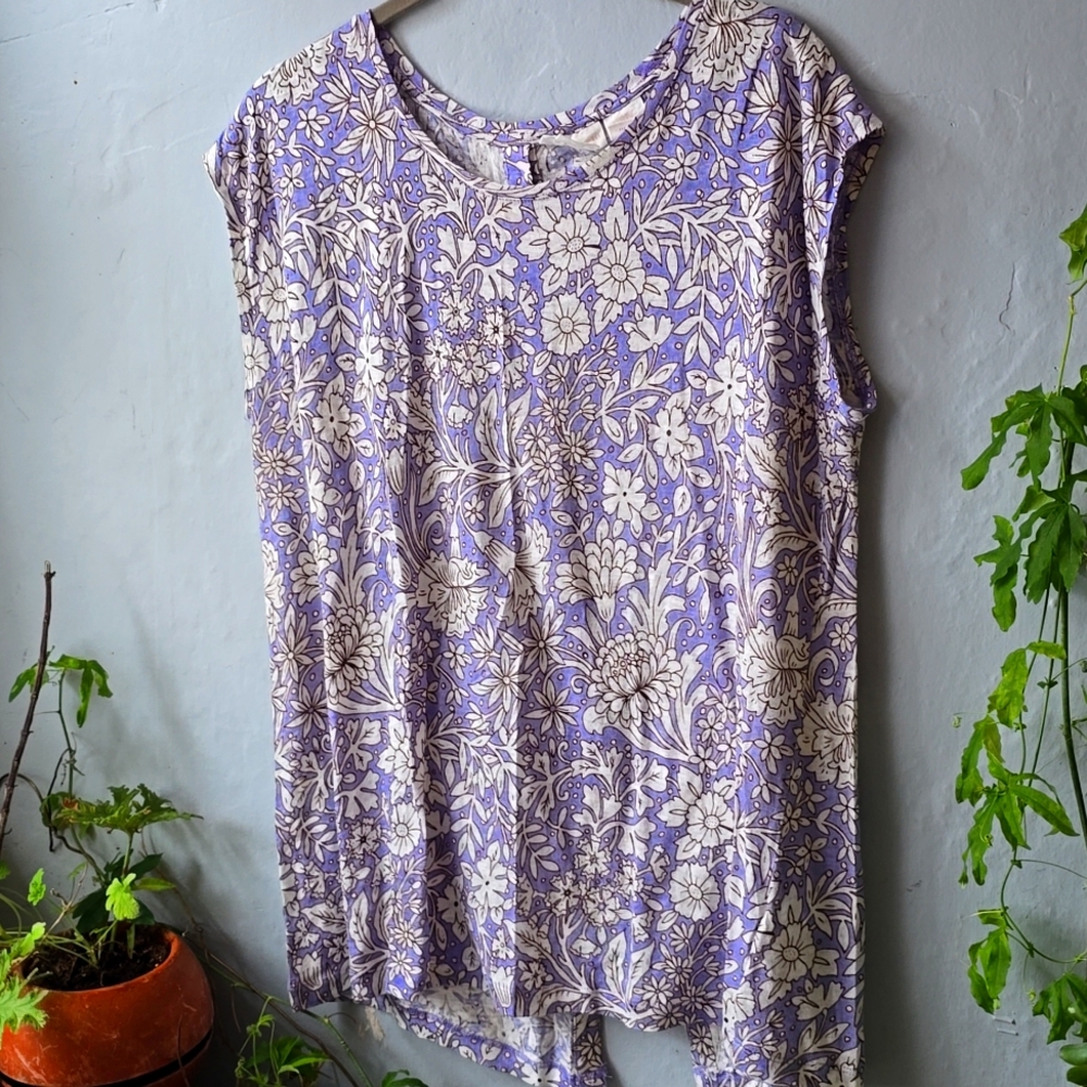 Linen SLUB knit FLORAL Rachel ASHWELL Button Black Top SZ L